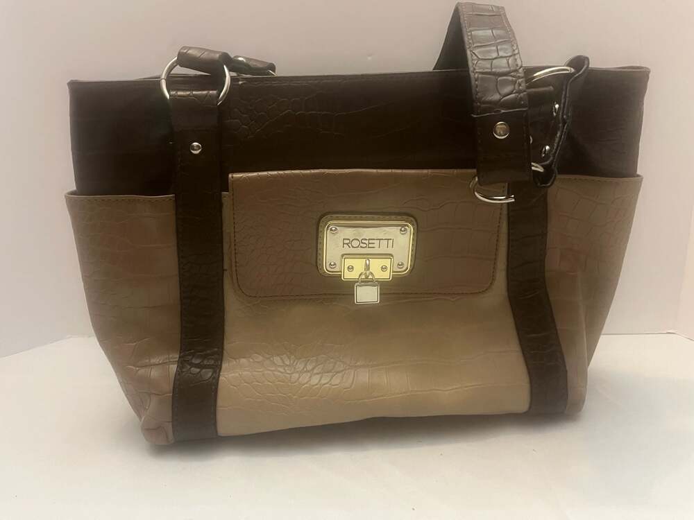 Rosetti Brown and Tan Crocodile Embossed Tote Shoulder Bag with Front Lock Detai